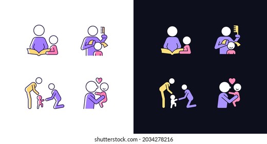 Family bonding time light and dark theme RGB color icons set. Storytelling. Brushing hair. Baby first steps. Isolated vector illustrations on white and black space. Simple filled line drawings pack