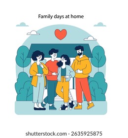 Family bonding time outdoors, illustration showcasing a happy family enjoying a day together in front of their house with heart and trees.