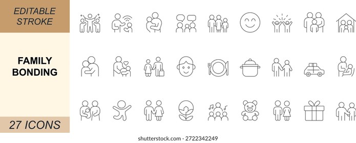 Family Bonding Vektorsymbol-Set mit Designs von Eltern, Kindern, Liebe, Fürsorge, Feiern, Reisen und Zusammengehörigkeit. Perfekt für Apps, Web, Lifestyle und UI-Projekte. Bearbeitbarer Strich.