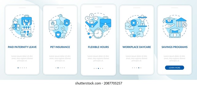 Family bonuses onboarding mobile app page screen. Flexible hours walkthrough 5 steps graphic instructions with linear concepts. UI, UX, GUI template. Myriad Pro-Bold, Regular fonts used