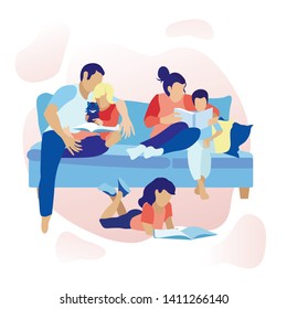Family Book Reading at Home Cartoon Illustration. Father, Mother and Children Sitting on Sofa. One Daughter Lying with Fairytale on Floor. Vector Flat Motivation to Use Time Profitably. Love and Care