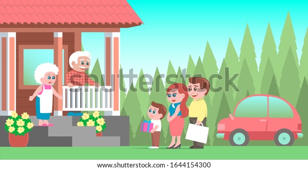 男の子と贈り物を持つ家族が祖父母を訪れる 車で着いた 老夫婦が家の玄関で客を歓迎する ベクターイラスト のベクター画像素材 ロイヤリティフリー