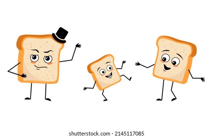 Family of bread character with happy emotions and poses, smile face, happy eyes, arms and legs. Mom is happy, dad is wearing hat and child with dancing pose. Vector flat illustration