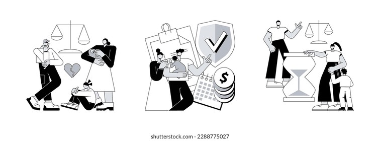 Family breakdown abstract concept vector illustration set. Divorce and separation, parental allowance, challenges for divorced dads, husband and wife conflict, single mom, alimony abstract metaphor.