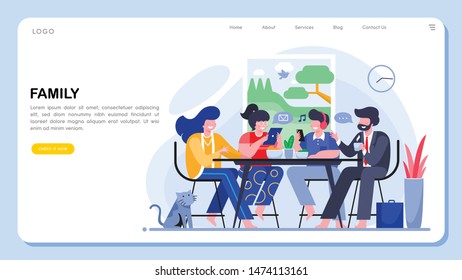 Family breakfast concept flat vector illustration. Gadget Addiction