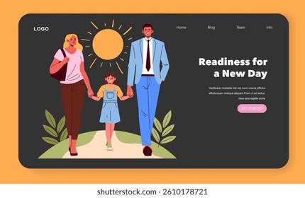 Family Breakfast concept. Happy parents and child enjoying morning together, walking under sun outdoors, beginning new day positively, spending quality family time. Vector illustration.