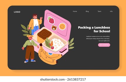 Family Breakfast concept. Happy parents prepare nutritious and tasty school lunchbox for child, providing balanced meal to promote healthy eating habits among children. Vector illustration