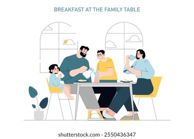 Concepto de desayuno familiar. Una familia alegre compartiendo una comida de la mañana juntos en casa. Unidad, rutina diaria y tiempo familiar de calidad. Ilustración vectorial.