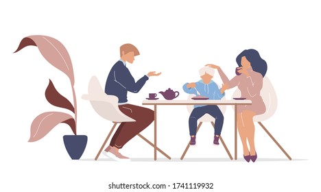 Family breakfast flat color vector faceless characters. Mother, father and kid drinking coffee and eating together isolated cartoon illustration for web graphic design and animation