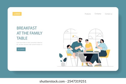 Family breakfast illustration. Parents and children enjoying a morning meal together in a cozy kitchen. Bonding over food, daily routine, home comfort. Vector illustration.