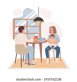 Family Breakfast At The Kitchen Vector Flat Illustration. Tired And Exhausted Mother Trying To Feed Her Crying Baby. Toddler Not Eating, Growth Spurts, Parenting Difficulties Concept.