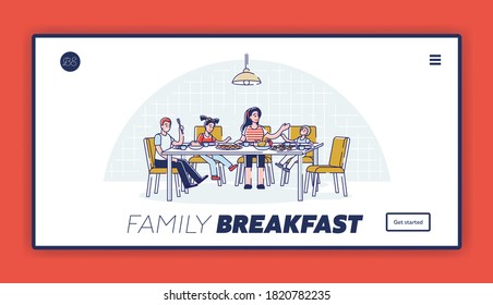 Family breakfast landing page with parents and kids eating in morning together. Happy mother, father and children doing morning routine. Cartoon linear vector illustration