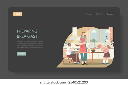 Family breakfast preparation scene with a mother cooking, child eating, and family bonding in a kitchen interior. Vector illustration.