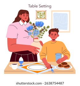 Family breakfast scene featuring a woman setting a table with flowers while a boy enjoys a meal. This illustration captures the warmth and connection during shared moments. Vector illustration.