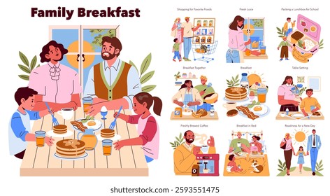 Family breakfast scene. A joyful family enjoying various breakfast moments together, from preparing fresh juice to sharing meals at the table. A celebration of togetherness and daily routines. Vector