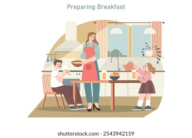 Family breakfast scene with mom preparing food, a son at the table, and daughter enjoying juice in a sunny kitchen. Vector illustration.