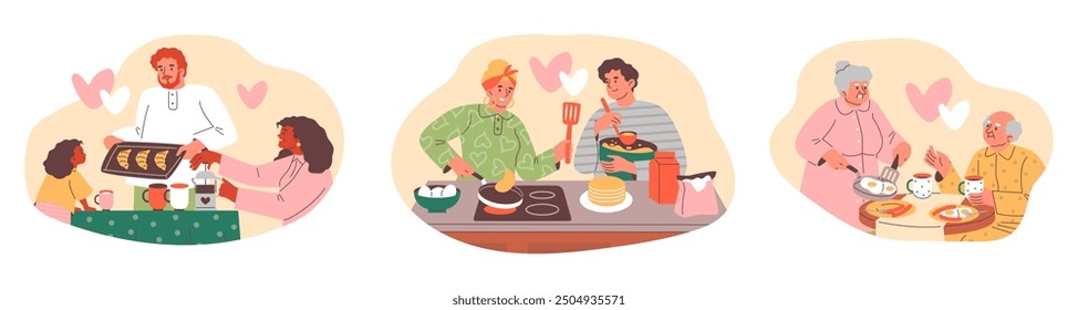 Family breakfast scene. People of different ages and genders are shown preparing breakfast, highlighting shared family moments. Flat style illustrations suitable for use in stickers.