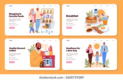 Family breakfast scene showcasing a variety of delicious foods and drinks on a table. This illustration captures the warmth and joy of sharing meals together, promoting healthy family interactions and