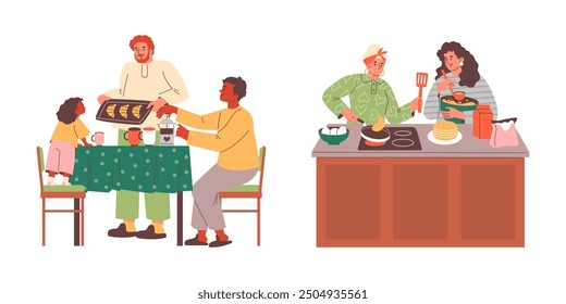 Family breakfast scenes. The vector set showcases a variety of characters preparing food for loved ones, sharing morning moments in a flat cartoon style.