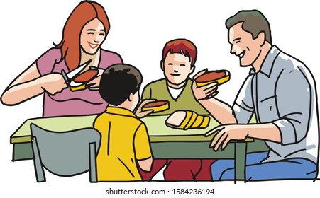 family breakfast and slice of bread