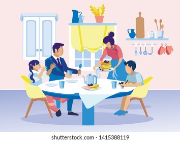 Family Breakfast with Tea and Pancakes Cartoon. Father with Daughter and Son Sitting around Table. Mother Set Fresh Dish with Fruits and Jam. Happy Idyllic Morning. Flat Vector Illustration