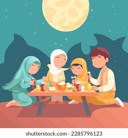 family breaking fast at dusk