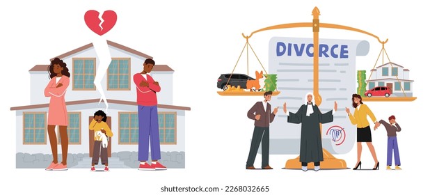 Family Breakup, Divorcement Concept. Emotional Distress Of A Child In The Midst Of A Parental Divorce. Crying Kid Between Two Separating Parents and Judge Character. Cartoon People Vector Illustration