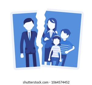 Family breakup problem. Photo with rift between people, serious quarrel, spouse disagreement, end with divorce, split, loss of good relationship and love. Vector illustration with faceless characters