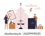 Family breakup, property division, divorce code concept. Argument between husband and wife. Marriage conflict, court decision and separation. Fighting characters vector illustration