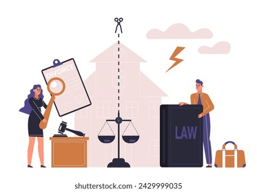 Family breakup, property division, divorce code concept. Argument between husband and wife. Marriage conflict, court decision and separation. Fighting characters vector illustration