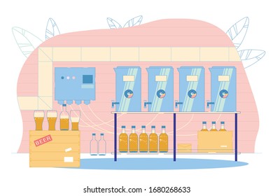 Family Brewery Production Process Flat Cartoon Vector Illustration. Factory Producing Alcohol Drink. Automatic Machine Pouring Beer in Bottles and Glasses. Packing Craft Beer in Boxes.