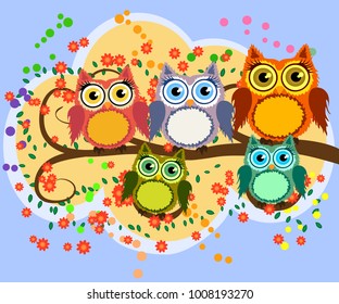 A family of bright, cartoon, cute, colorful owls on a flowering tree branch, parents, children, chicks