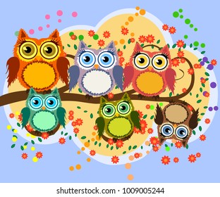 A family of bright, cartoon, cute, colorful owls on a flowering tree branch, parents, children, chicks