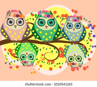 A family of bright, cartoon, cute, colorful owls on a flowering tree branch, parents, children, chicks