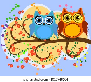 A family of bright, cartoon, cute, colorful owls on a flowering tree branch, parents, children, chicks