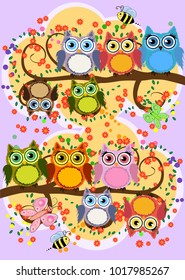 A family of bright, cartoon, cute, colorful owls on a flowering tree branch, parents, children, chicks