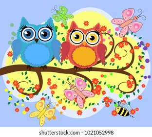 A family of bright, cartoon, cute, colorful owls on a flowering tree branch, parents, children, chicks