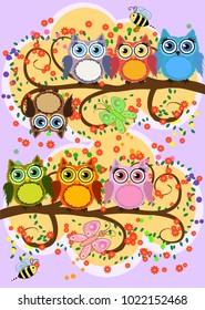 A family of bright, cartoon, cute, colorful owls on a flowering tree branch, parents, children, chicks