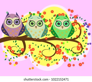 A family of bright, cartoon, cute, colorful owls on a flowering tree branch, parents, children, chicks