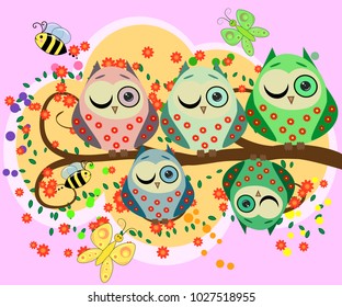 A family of bright, cartoon, cute, colorful owls on a flowering tree branch, parents, children, chicks