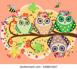 A family of bright, cartoon, cute, colorful owls on a flowering tree branch, parents, children, chicks