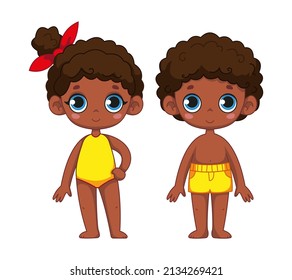 Familia, hermano y hermana. Una chica negra con traje de baño y un niño. Set de niños con ropa de playa. Ilustración infantil de un niño. Ilustración vectorial al estilo de las caricaturas. Clipart aislado.