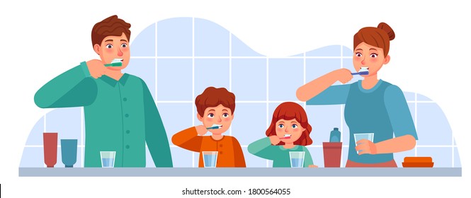 Family brush teeth. Parents and children brushing teeth together in bathroom. Parental parenting oral hygiene, dental care vector concept. Mother, father and kids with toothbrush and paste