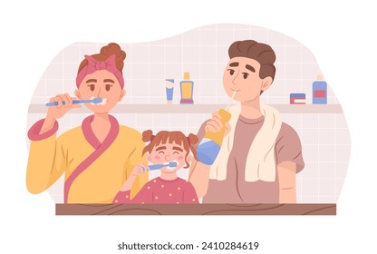 Dentaduras familiares, concepto de cuidado dental de hija. Higiene saludable de los padres, dentífrico dental, tratamiento médico oral. Rutina matutina. Diseño de caricaturas. Ilustración del vector