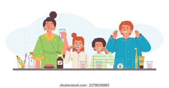 Family brushing teeth together flat style, vector illustration isolated on white background. Kids and parents, dental care and hygiene, health, design element