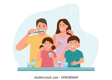 Family are brushing teeth together.Happy mom,dad and kids with toothbrushes in bathroom.Daily routine dental hygiene. Vector illustration.