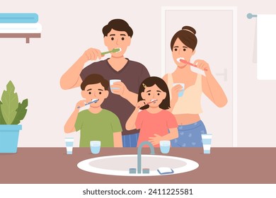 La familia se está lavando los dientes juntos. Padres felices con niños con cepillos de dientes en el baño. Higiene dental de rutina diaria. Ilustración vectorial.