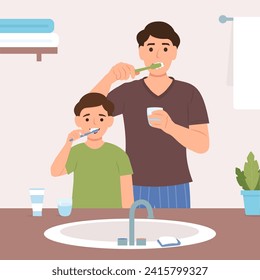 Family are brushing teeth together.Happy parents with children with toothbrushes in bathroom.Daily routine dental hygiene. Vector illustration.