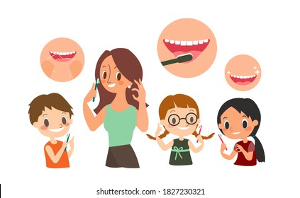Family Brushing their Teeth. Dental and orthodontic daily life illustration. vector cartoon character.