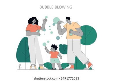 Family Bubble Blowing fun. Parents and child enjoying a playful moment outdoors with soap bubbles. Vector illustration.